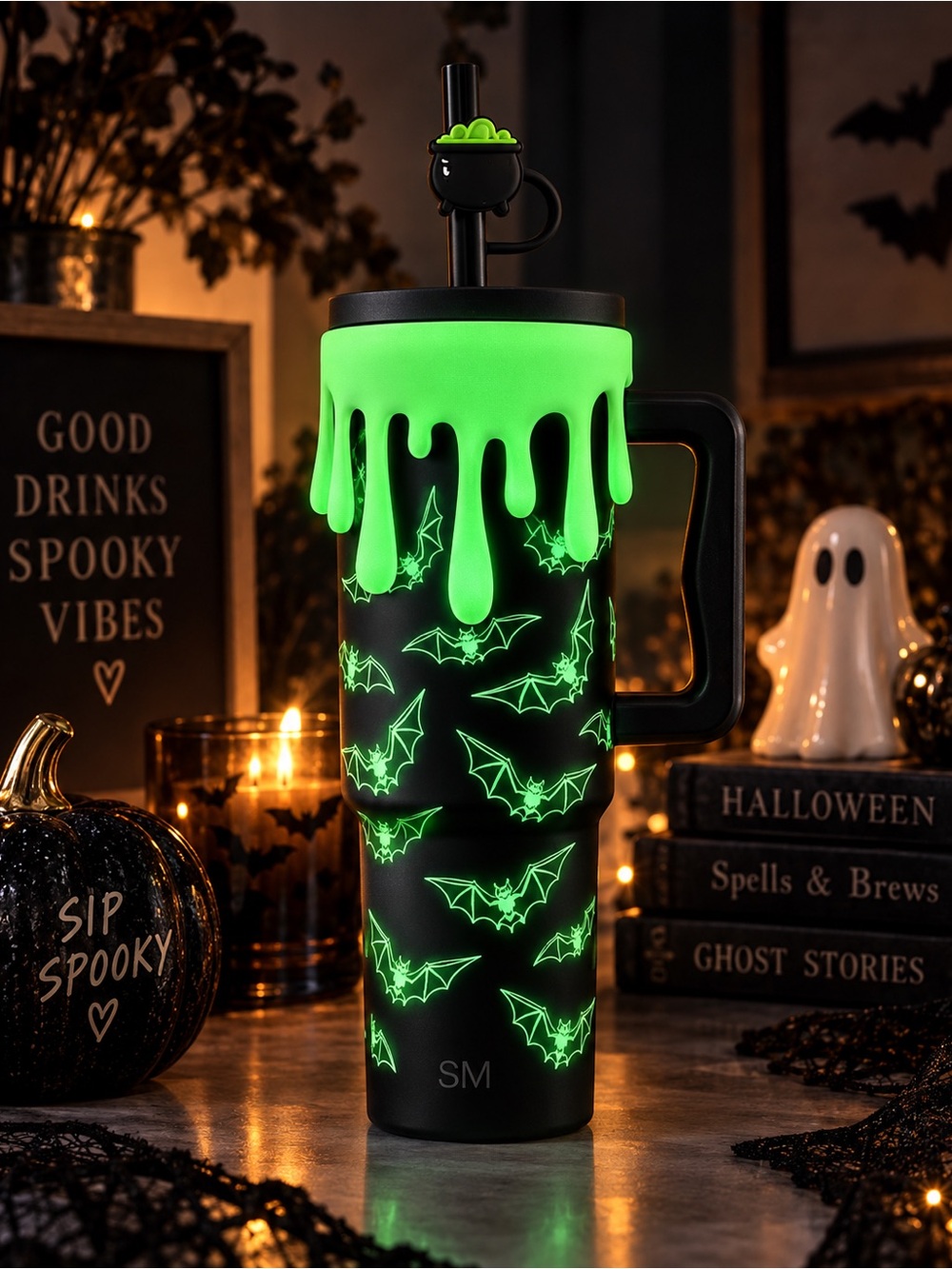 Simple Modern 40oz Bat Glow in Dark Trek + Slime & Straw Topper Halloween Bundle